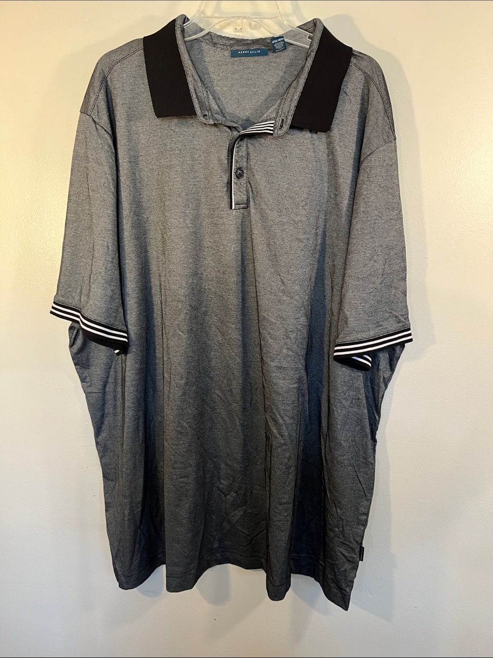 Perry Ellis Heather Gray Polo with Black Collar and Striped Sleeve Trim